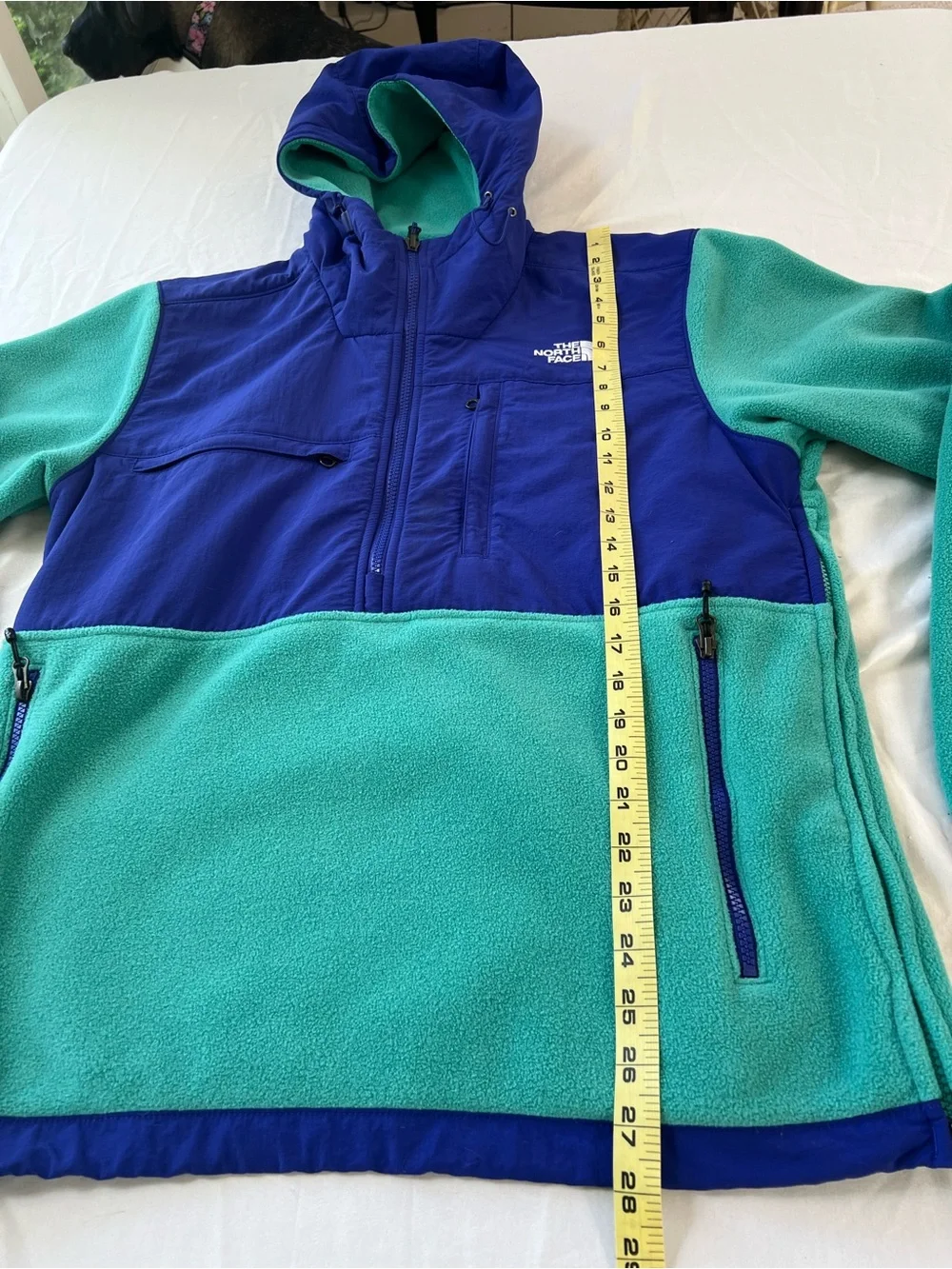The North Face Men Denali Anorak Teal Blue Colorblock Hood Fleece Pullover MED
